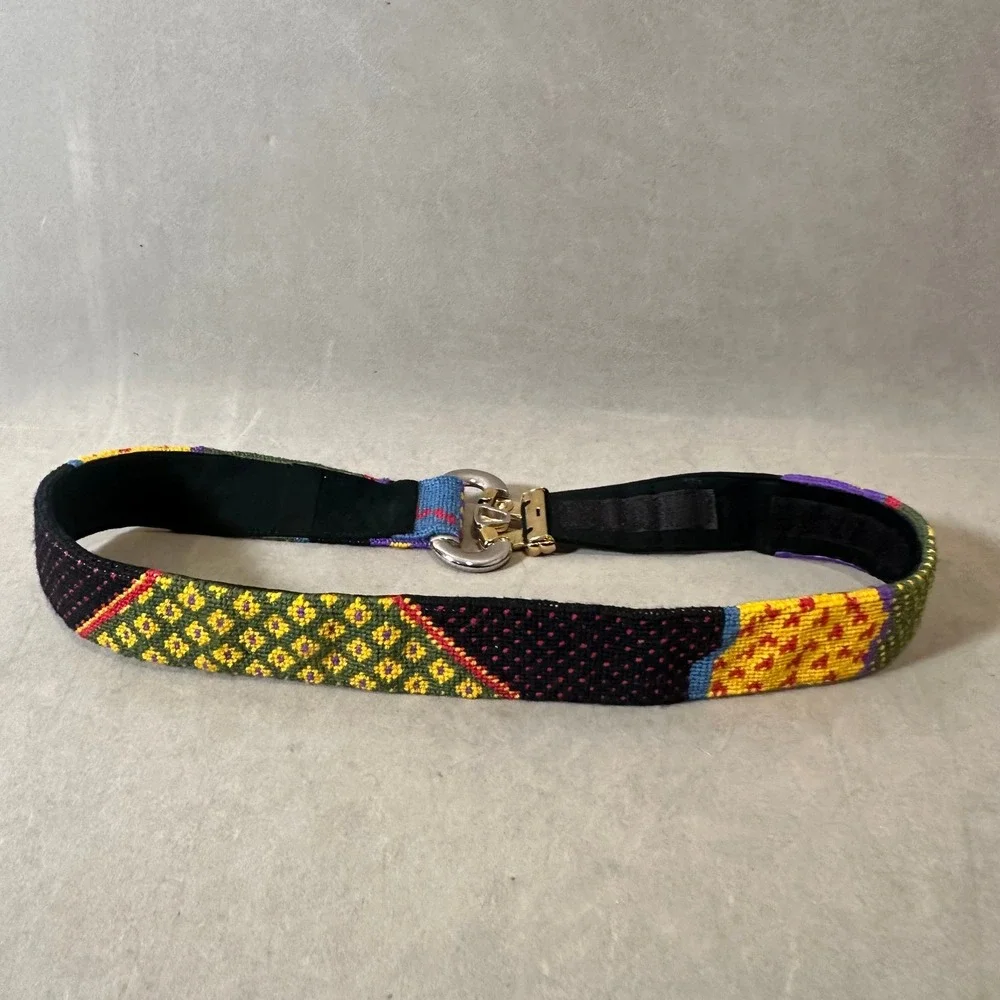 Vintage Needlepoint‎ Belt Mixed Metal Buckle Multi Color Geometric Suede Backed